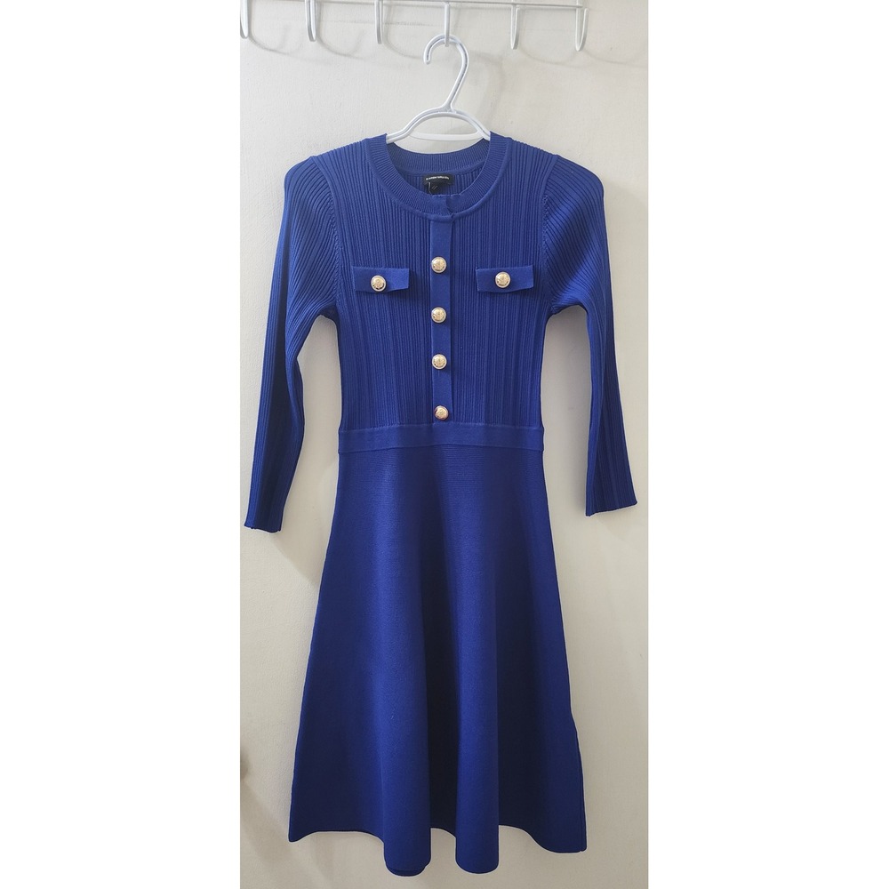 Karen Millen Royal Blue Ribbed Knit A-Line Dress Gold Crest Button Size S